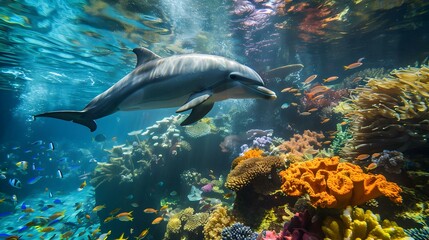 Obraz premium Dolphin Swimming Through a Vibrant Coral Reef