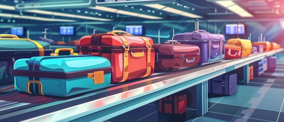 Fototapeta premium Airport baggage claim area with various colored suitcases on conveyor belt. Somber indoor airport setting conveyed.