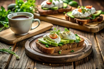 Serenely lit and stylishly arranged breakfast setting with avocado toast and poached eggs on a reclaimed wood table with natural morning ambiance.