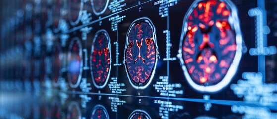 MRI brain scans vary in shading, with a red-highlighted one standing out. The image suggests focus on neural activity or specific brain areas.