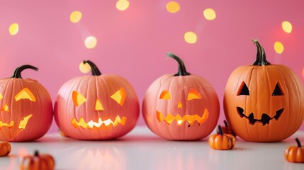 A Halloween holiday card with a picture of pumpkins on a pink background. A Halloween greeting poster in a minimalist style.