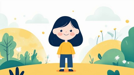 A cheerful girl frolics in a vibrant countryside, embracing nature with joy in this modern flat cartoon illustration.