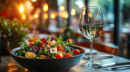 A professionally captured image of a sophisticated salad served on an elegant table with soft lighting 