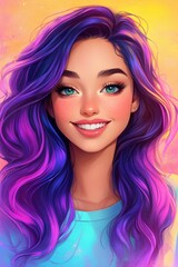 A stunning woman with wavy purple locks beams with vibrant energy, captured in a photorealistic style.