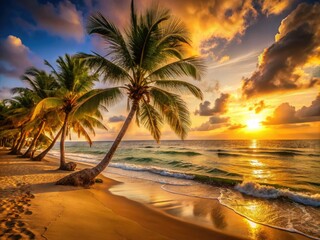 golden sunset silhouette waves palm trees swaying gently oceanfront twilight serenity peaceful warm cozy romantic beach scene calm subtle vibrant colors soft focus