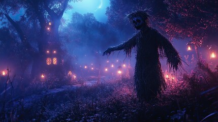 A scarecrow coming to life under the eerie glow of lanterns 