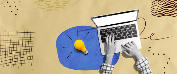 Person using a laptop computer and light bulbs - Collage