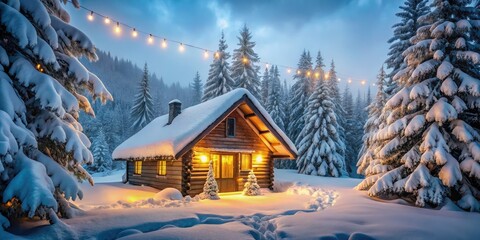 Fototapeta premium Quaint and cozy morning scene of snow-covered cabin, surrounded by frosted pine trees, twinkling string lights, and wispy mist, exuding warmth and serenity.