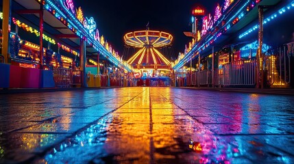 Obraz premium A spooky carnival with empty rides and colorful lights
