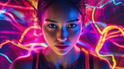 Obraz premium Asian girl in workout gear, energetic neon abstract background, active and powerful