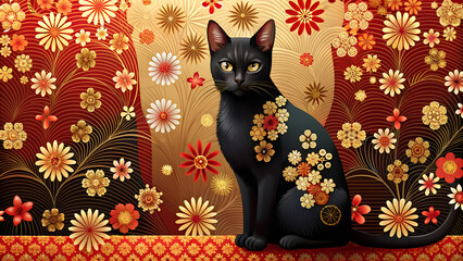Wallpaper with a black cat in Japanese style	