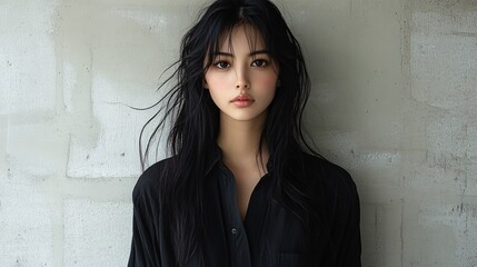 beautiful Japanese woman with long hair and delicate skin, wearing a fashionable black shirt against a solid color background, with natural lighting