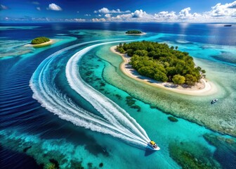 Obraz premium stunning aerial view of jet ski tracks zigzagging across pristine turquoise sea surrounded by coral reefs and isolated tropical island getaway