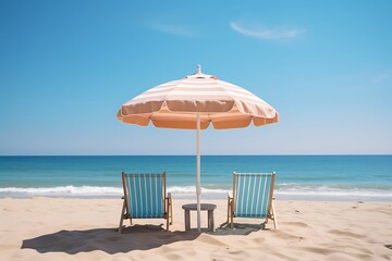Fototapeta premium Beach chair and umbrella on the beach with blue sky