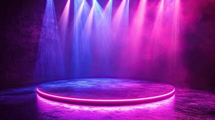 Abstract background, neon light, round stage with rays