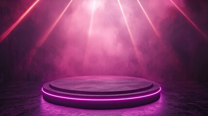Abstract background, neon light, round stage with rays