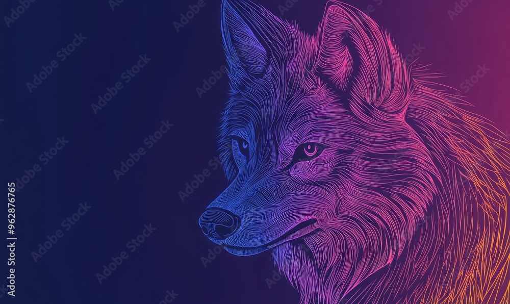 Wall mural line art illustration featuring a cool gradient design of a cartoon wolf