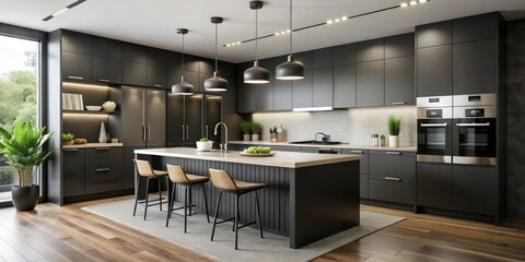 Stark contrast of modern matte black cabinets against gleaming stainless steel appliances and snowy white countertops in streamlined kitchen design