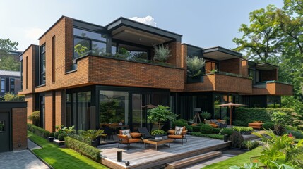 Fototapeta premium Modern Brick House with Lush Backyard and Patio