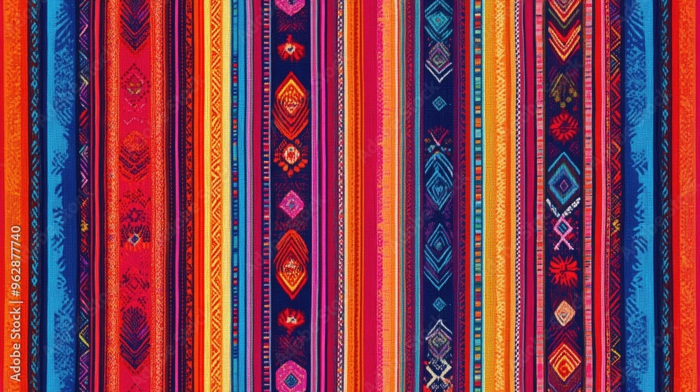 Wall mural a digital rendering of a peruvian fabric pattern featuring bold, colorful stripes and traditional de