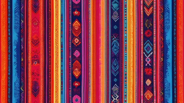 A digital rendering of a Peruvian fabric pattern featuring bold, colorful stripes and traditional designs in bright reds, oranges, and blues, perfect for vibrant textiles.