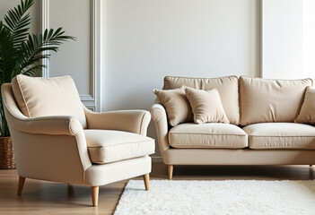 Fototapeta premium Beige Sofa and Armchair in a Minimalist Living Room