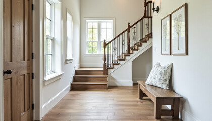 Modern Farmhouse Entryway with Wooden Bench and Staircase