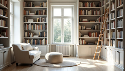 Cozy Library with Large Window and Bookshelves