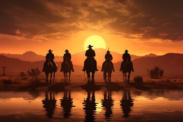 Silhouette of soldiers on horseback in the desert at sunset