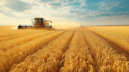 Fototapeta premium Aerial view of combine harvester the wheat field, working the farm land