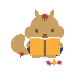 読書の秋、本を読むリスと落ち葉