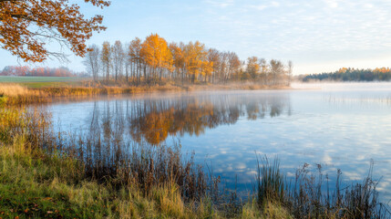 Fototapeta premium Serene autumn morning mist over a calm lake surrounded by colorful foliage in the mountains