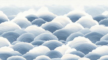 Fototapeta premium A high-resolution digital rendering of a Japanese fabric pattern showcasing traditional wave (seigaiha) designs in soft blue and white, ideal for minimalist textiles or wallpaper.