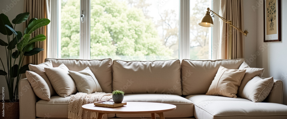 Poster Beige Sectional Sofa with Pillows and a Coffee Table in a Modern Living Room