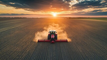 Aerial view of tractor with seeding machine on the field at sunset