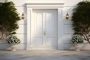 3d render of a white door in a white wall with plants