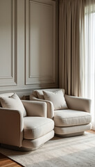 Modern living room with two white armchairs and a rug