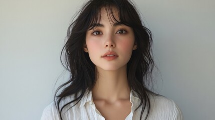 Fototapeta premium Beautiful young woman, with delicate facial features, wearing a white shirt, long black hair with bangs hanging down, posing in front of the camera, against a solid color background