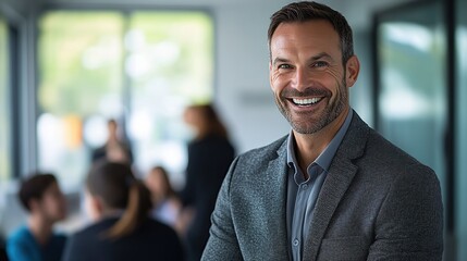 Obraz premium Bright and confident male trainer in a dynamic environment is giving directions to his participants with a cheerful smile