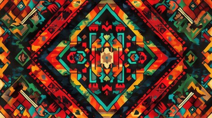 A high-resolution digital rendering of a Mexican fabric pattern with bold geometric designs and bright reds, greens, and yellows, inspired by indigenous textile traditions.