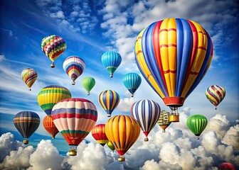 Obraz premium whimsical hot air balloons in vibrant colors forming an up arrow trajectory against a bright blue sky with puffy white clouds