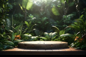 Fototapeta premium Empty wooden podium in front of tropical garden background. For product display
