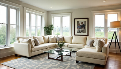 Fototapeta premium Modern living room with sectional sofa and a view