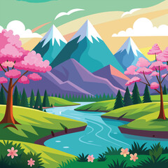 Spring natural landscape with river and mountains in daylight