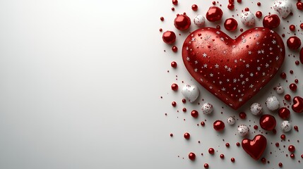 Red and white heart shapes and spheres on a white background.
