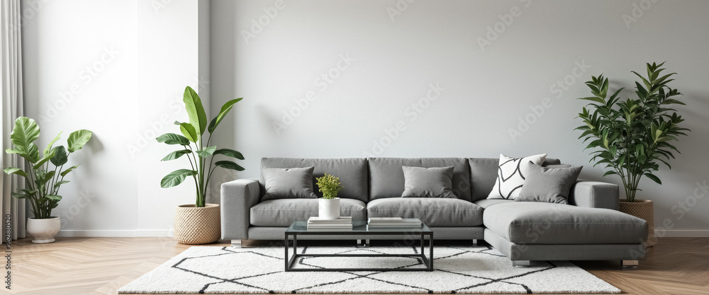 Poster Modern Living Room with Grey Sectional Sofa and White Wall