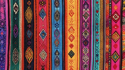 A high-resolution digital rendering of a traditional Peruvian fabric pattern with vibrant, multicolored stripes and complex motifs, perfect for festive and cultural textile designs.