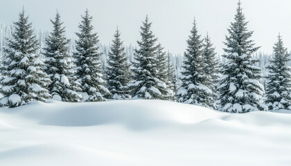 Fototapeta premium A serene winter landscape featuring snow-covered ground and evergreen trees in a tranquil, snowy environment.