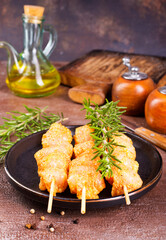 Raw chicken meat shish kebab skewers. chicken with spice