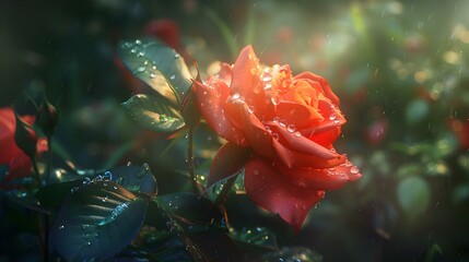 Red Rose Blossom in the Rain Nature Photography